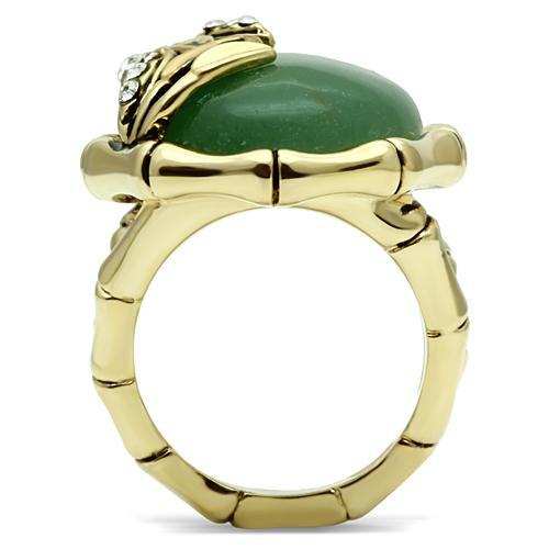 LO2609 - Gold Brass Ring with Semi-Precious Jade in Emerald - Alamode - Flyclothing LLC