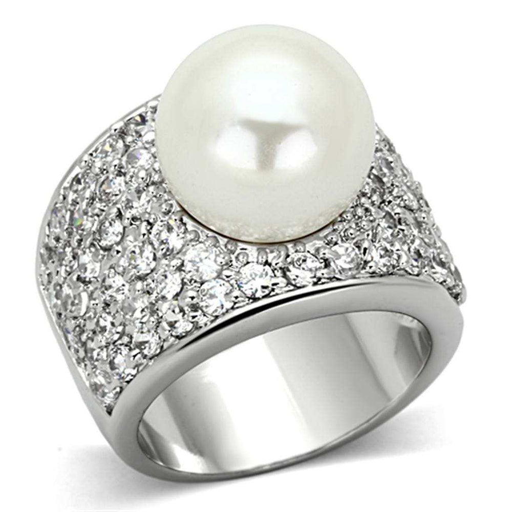 LO2951 - Rhodium Brass Ring with Synthetic Pearl in White - Alamode - Flyclothing LLC