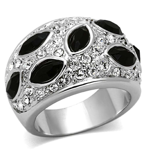 LO2957 - Rhodium Brass Ring with Synthetic Cat Eye in Jet - Alamode - Flyclothing LLC