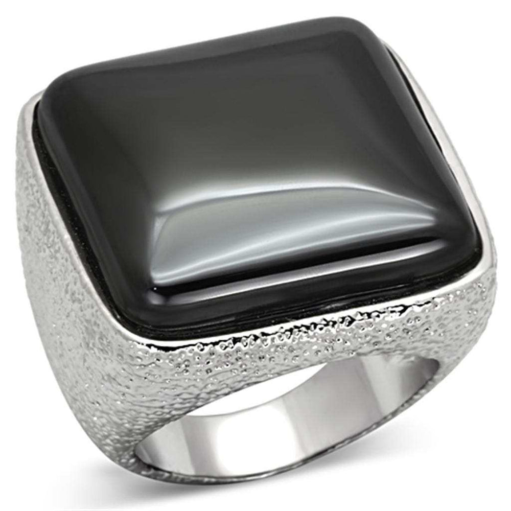 LO3045 - Rhodium Brass Ring with Semi-Precious Agate in Jet - Alamode - Flyclothing LLC