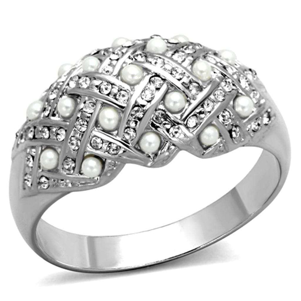 LO3183 - Rhodium Brass Ring with Synthetic Pearl in White - Alamode - Flyclothing LLC