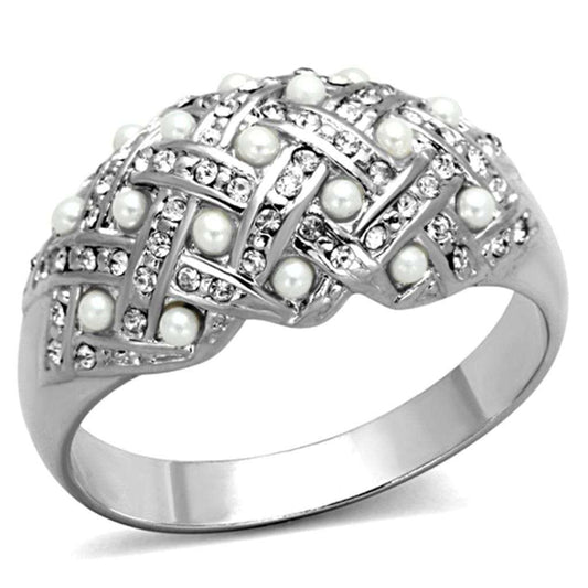 LO3183 - Rhodium Brass Ring with Synthetic Pearl in White - Alamode - Flyclothing LLC