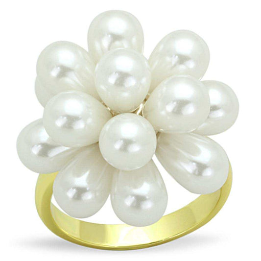 LO3286 - Gold Brass Ring with Synthetic Pearl in White - Alamode - Flyclothing LLC