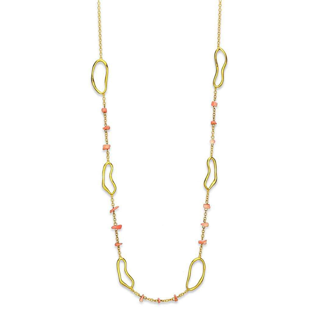 LO3340 - Gold Brass Necklace with Semi-Precious Coral in Rose - Alamode - Flyclothing LLC