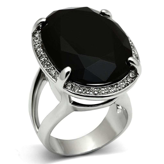 LO3534 - Rhodium Brass Ring with Synthetic Synthetic Glass in Jet - Alamode - Flyclothing LLC