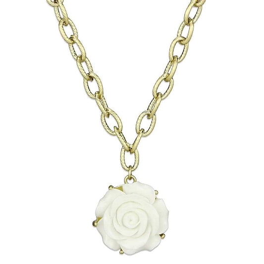 LO3661 - Gold & Brush Brass Necklace with Synthetic Synthetic Stone in White - Alamode - Flyclothing LLC
