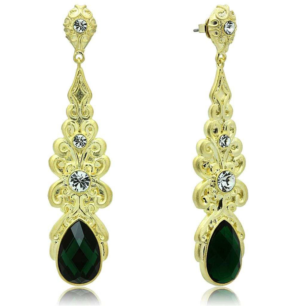 LO3669 - Gold & Brush Brass Earrings with Synthetic Synthetic Glass in Emerald - Alamode - Flyclothing LLC