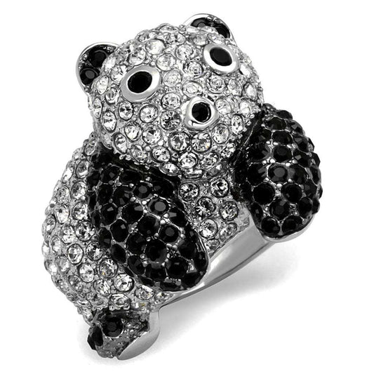 LO3740 - Rhodium + Ruthenium Brass Ring with Synthetic Synthetic Glass in Jet - Alamode - Flyclothing LLC