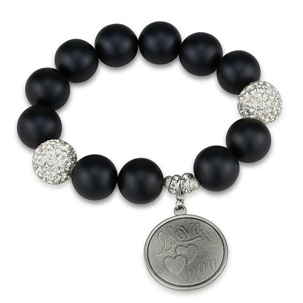 LO3783 - Antique Silver White Metal Bracelet with Synthetic Onyx in Jet - Alamode - Flyclothing LLC