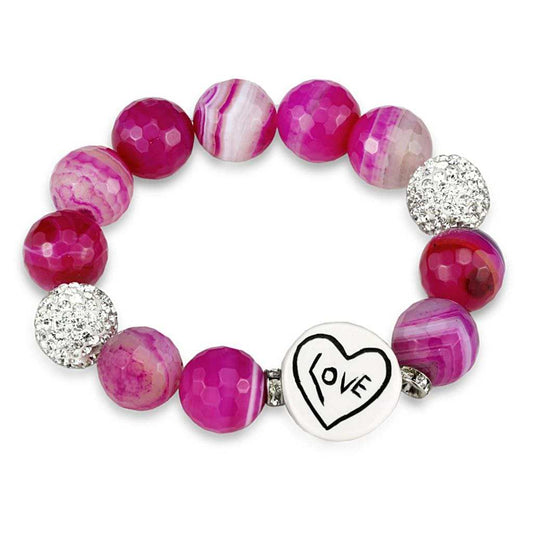 LO3789 - Antique Silver Brass Bracelet with Synthetic Onyx in Fuchsia - Alamode - Flyclothing LLC
