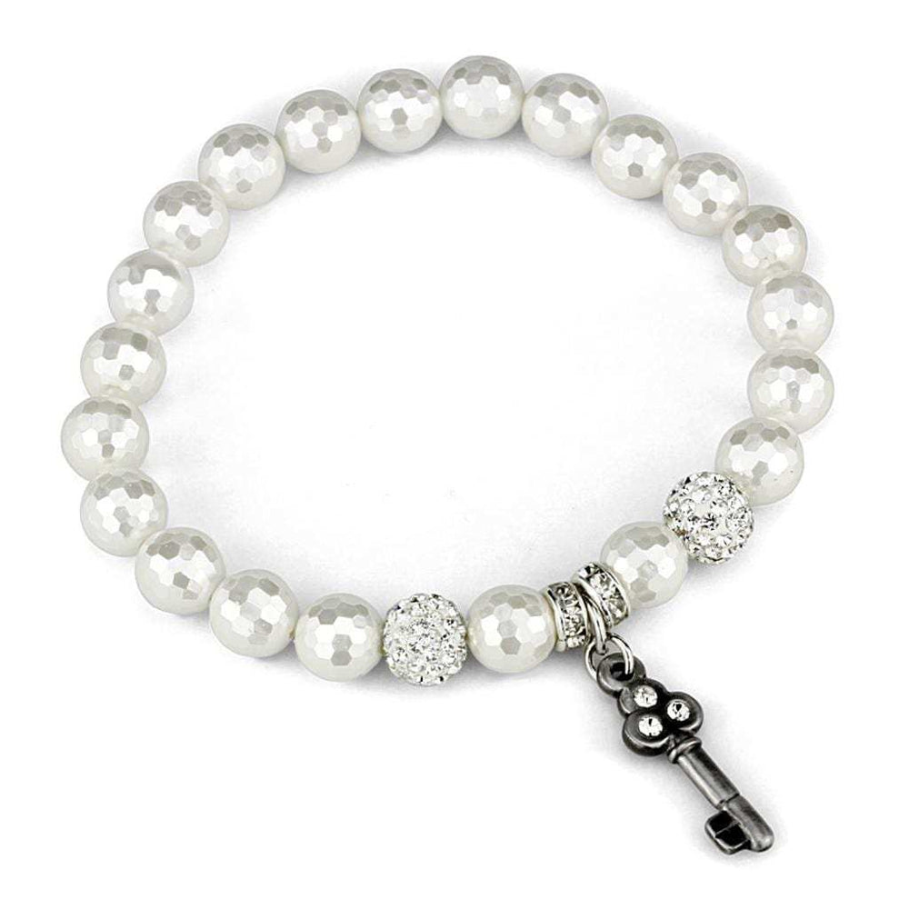 LO3797 - Antique Silver Brass Bracelet with Synthetic Glass Bead in White - Alamode - Flyclothing LLC