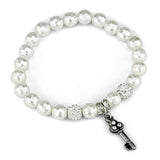 LO3797 - Antique Silver Brass Bracelet with Synthetic Glass Bead in White - Alamode - Flyclothing LLC