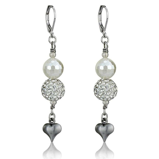 LO3804 - Antique Silver White Metal Earrings with Synthetic Glass Bead in White - Alamode - Flyclothing LLC