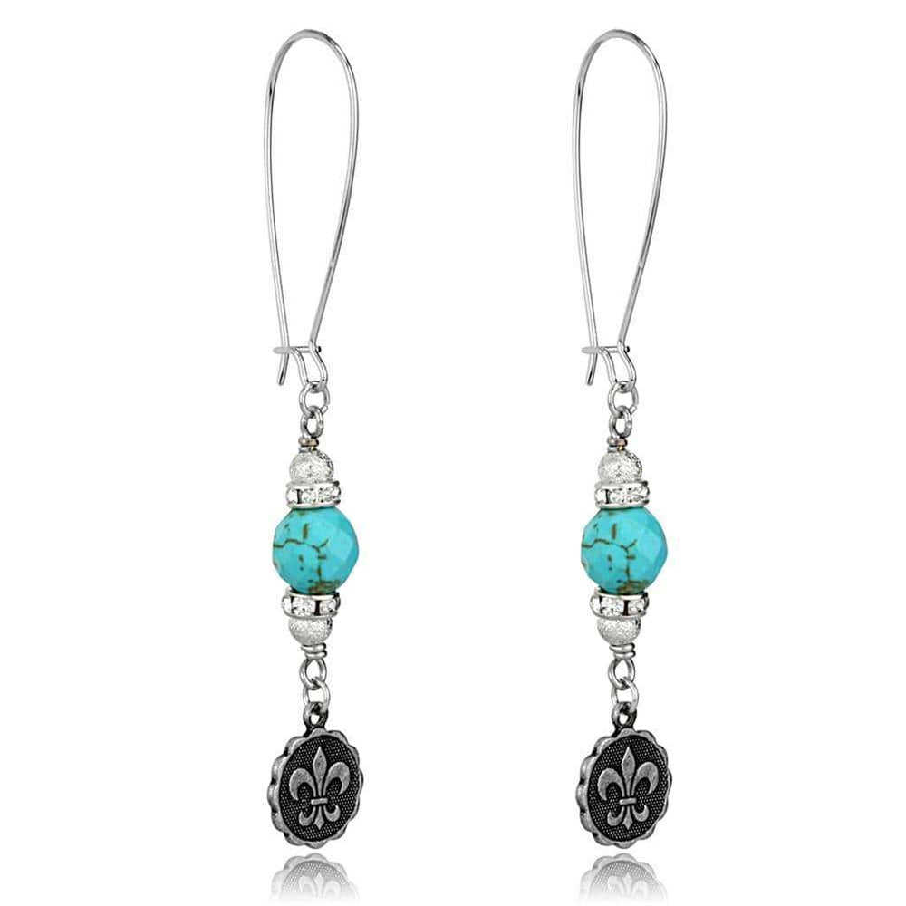 LO3807 - Antique Silver White Metal Earrings with Synthetic Turquoise in Turquoise - Alamode - Flyclothing LLC