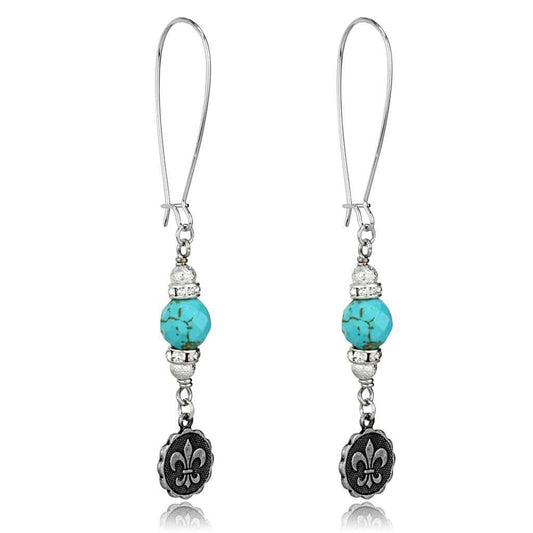 LO3807 - Antique Silver White Metal Earrings with Synthetic Turquoise in Turquoise - Alamode - Flyclothing LLC