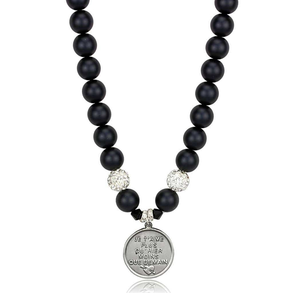 LO3815 - Antique Silver White Metal Necklace with Synthetic Glass Bead in Jet - Alamode - Flyclothing LLC