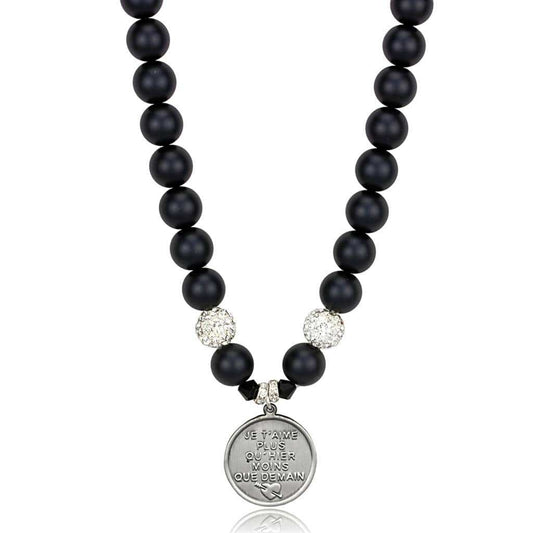 LO3815 - Antique Silver White Metal Necklace with Synthetic Glass Bead in Jet - Alamode - Flyclothing LLC