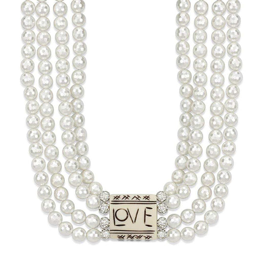 LO3820 - Antique Silver White Metal Necklace with Synthetic Glass Bead in White - Alamode - Flyclothing LLC