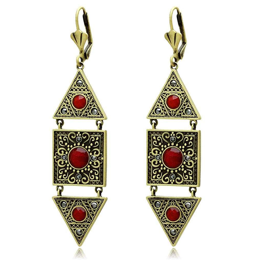 LO3851 - Antique Copper Brass Earrings with Synthetic Synthetic Glass in Siam - Alamode - Flyclothing LLC