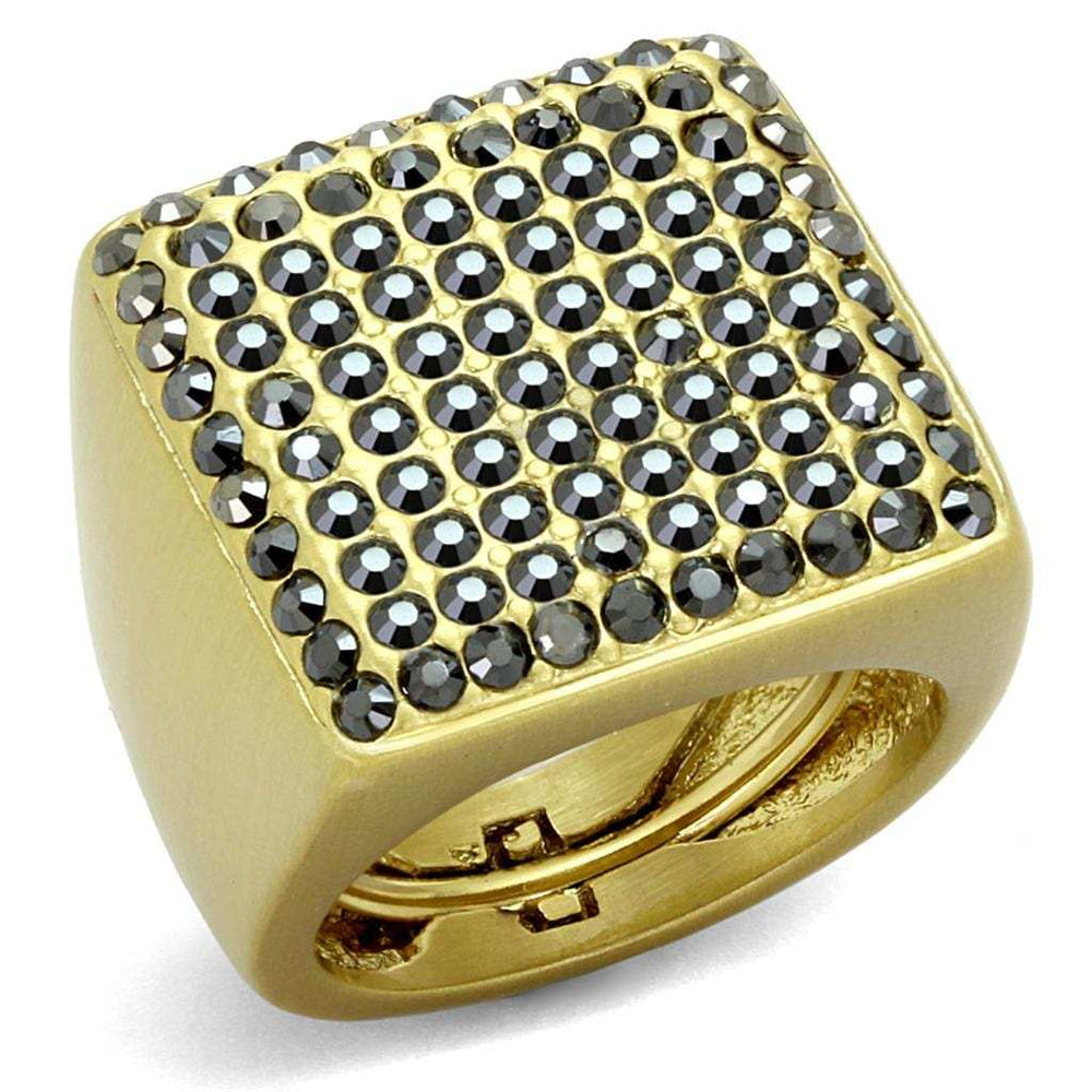 LO3896 - Gold & Brush Brass Ring with Top Grade Crystal in Hematite - Alamode - Flyclothing LLC