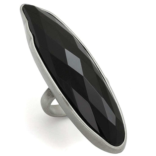 LO3910 - Antique Silver Brass Ring with Synthetic Onyx in Jet - Alamode - Flyclothing LLC