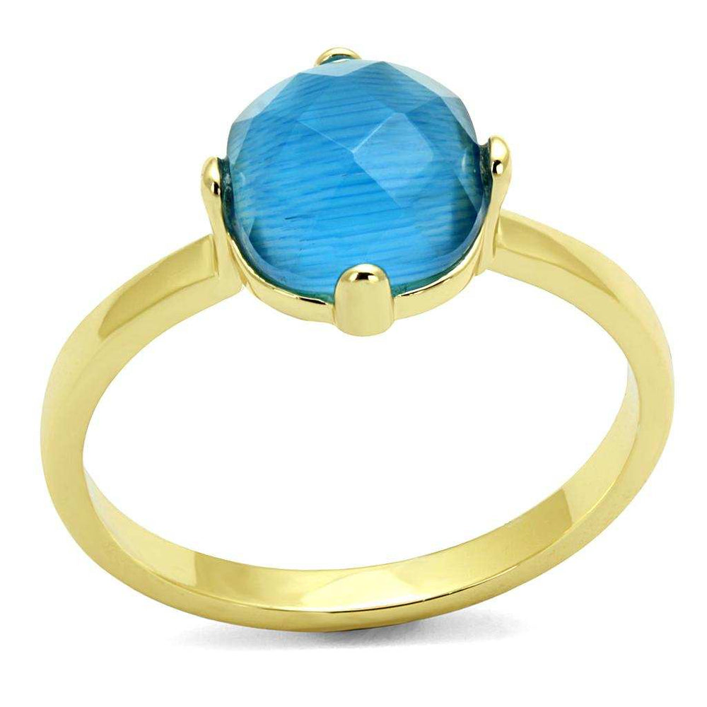 LO4073 - Flash Gold Brass Ring with Synthetic Cat Eye in Capri Blue - Alamode - Flyclothing LLC
