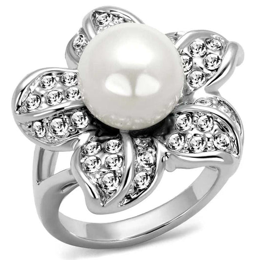 LO4088 - Rhodium Brass Ring with Synthetic Pearl in White - Alamode - Flyclothing LLC