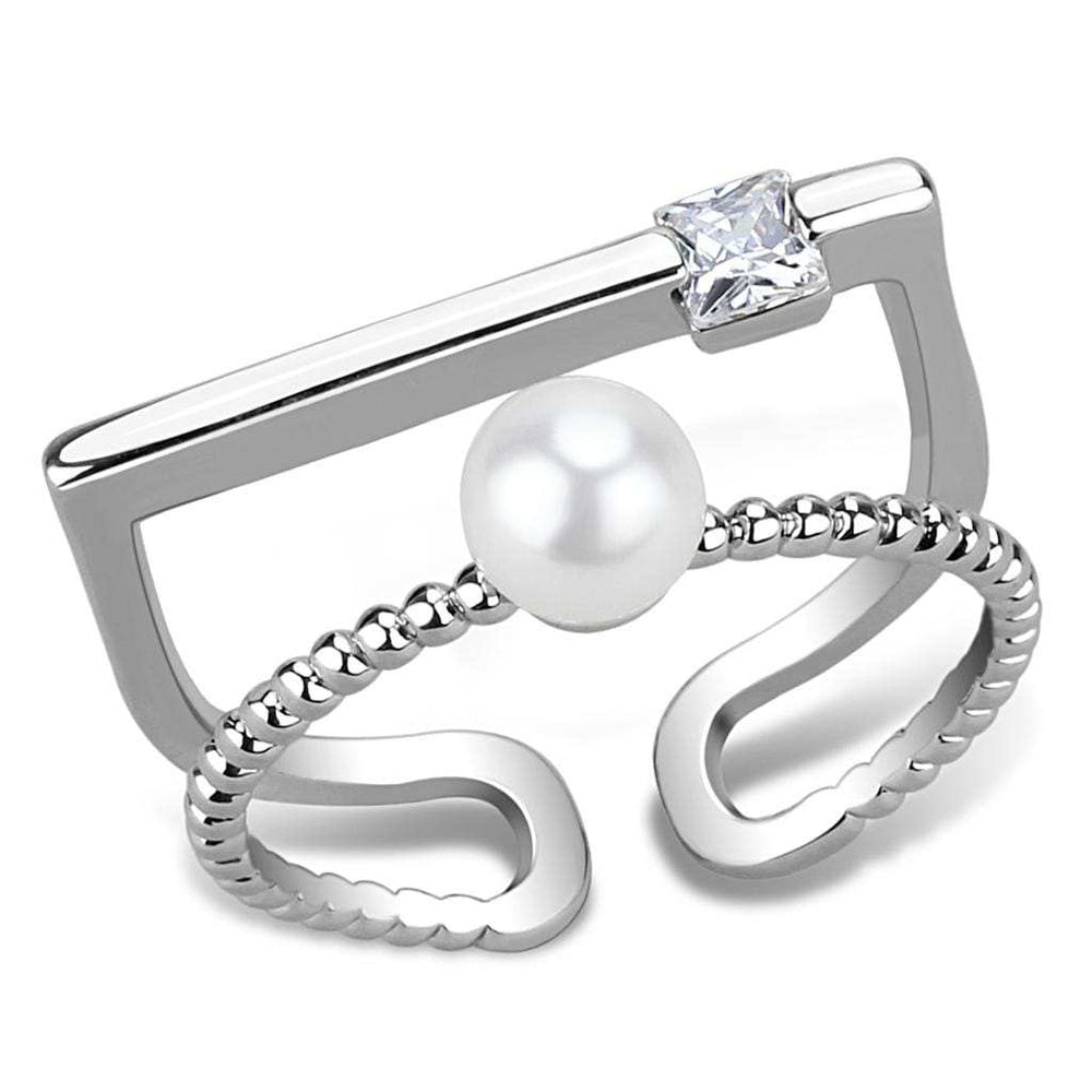 LO4263 - Rhodium Brass Ring with Synthetic Pearl in White - Alamode - Flyclothing LLC