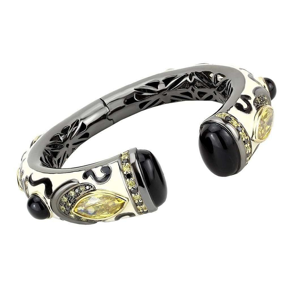 LO4298 - Gold+Hematite Brass Bangle with Synthetic Onyx in Jet - Alamode - Flyclothing LLC