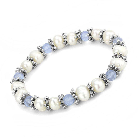 LO4652 - Antique Silver White Metal Bracelet with Synthetic Pearl in Sea Blue - Alamode - Flyclothing LLC
