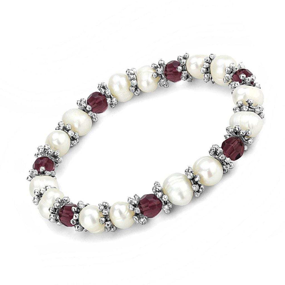LO4654 - Antique Silver White Metal Bracelet with Synthetic Pearl in Fuchsia - Alamode - Flyclothing LLC