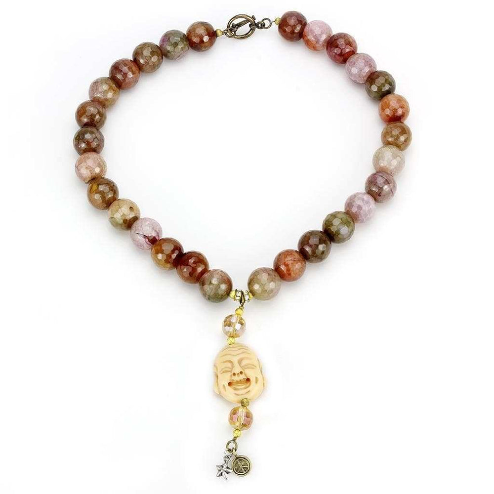 LO4663 - Antique Copper Brass Necklace with Semi-Precious Agate in Multi Color - Alamode - Flyclothing LLC
