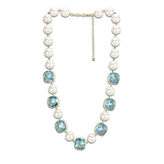 LO4706 - Gold Brass Necklace with Synthetic Synthetic Glass in Sea Blue - Alamode - Flyclothing LLC