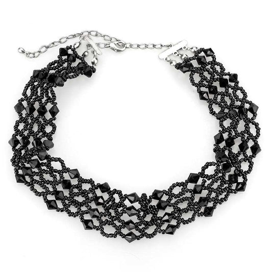 LO4718 - Rhodium Brass Necklace with Synthetic Synthetic Glass in Jet - Alamode - Flyclothing LLC