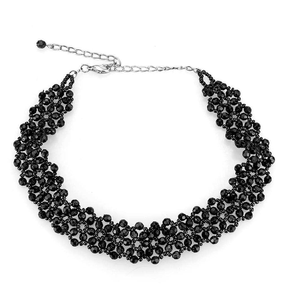 LO4720 - Rhodium Stainless Steel Necklace with Synthetic Synthetic Glass in Jet - Alamode - Flyclothing LLC