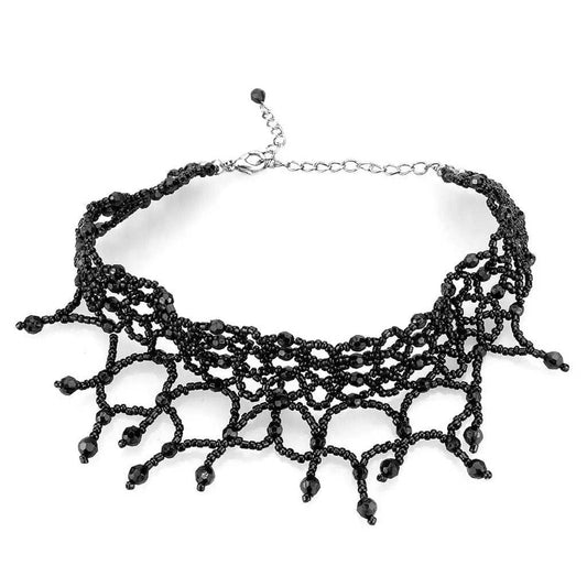 LO4722 - Rhodium Brass Necklace with Synthetic Synthetic Glass in Jet - Alamode - Flyclothing LLC