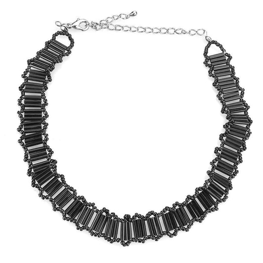 LO4724 - Rhodium White Metal Necklace with Synthetic Synthetic Glass in Jet - Alamode - Flyclothing LLC