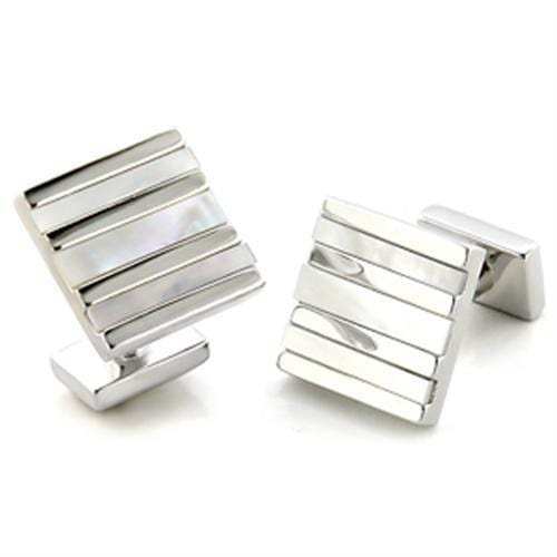 LO687 - Rhodium Brass Cufflink with Precious Stone Conch in White - Alamode - Flyclothing LLC