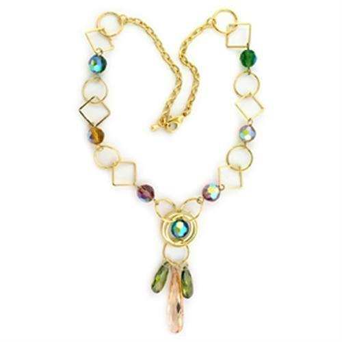 LO721 - Gold Brass Necklace with Synthetic Glass Bead in Multi Color - Alamode - Flyclothing LLC
