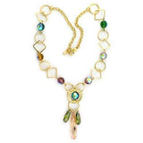 LO721 - Gold Brass Necklace with Synthetic Glass Bead in Multi Color - Alamode - Flyclothing LLC