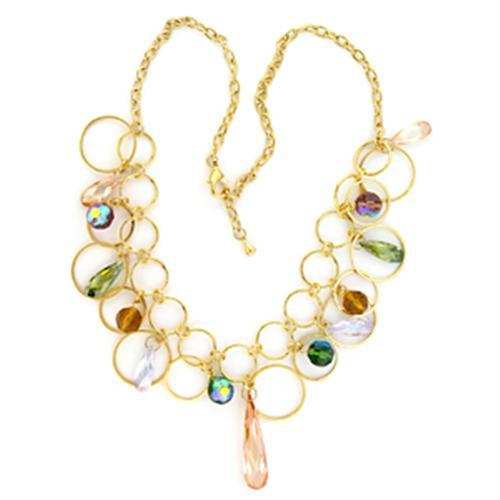 LO724 - Gold Brass Necklace with AAA Grade CZ in Multi Color - Alamode - Flyclothing LLC