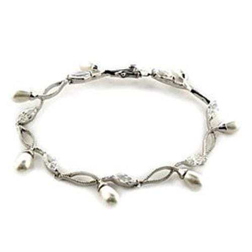 LOA542 - Rhodium 925 Sterling Silver Bracelet with Synthetic Pearl in White - Alamode - Flyclothing LLC