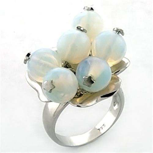 LOA645 - Rhodium 925 Sterling Silver Ring with Synthetic Glass Bead in White - Alamode - Flyclothing LLC