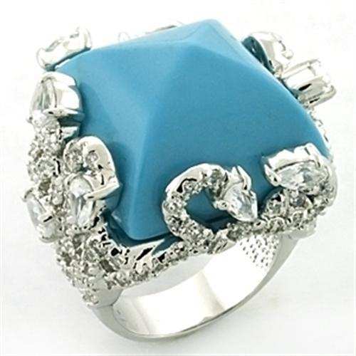 LOA683 - Rhodium Brass Ring with Synthetic Turquoise in Sea Blue - Alamode - Flyclothing LLC