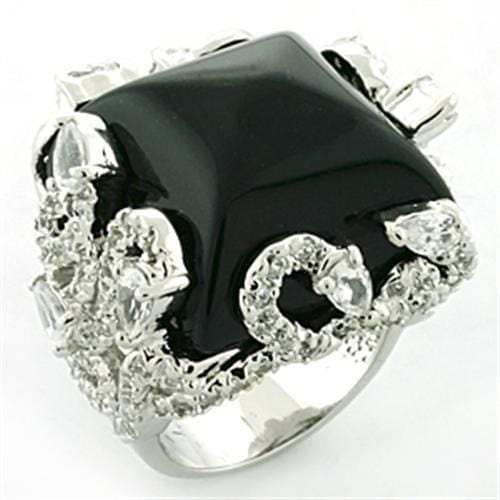 LOA684 - Rhodium Brass Ring with Synthetic Onyx in Jet - Alamode - Flyclothing LLC
