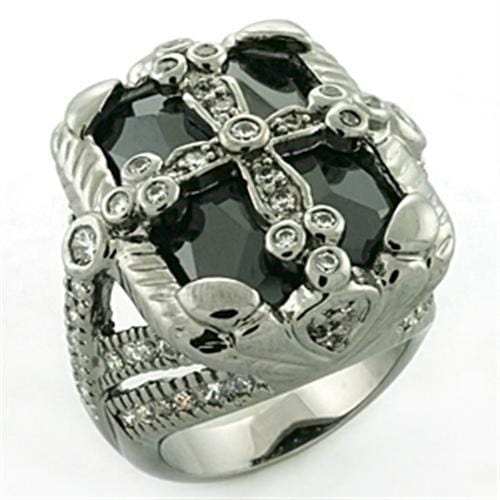 LOA708 - Rhodium + Ruthenium Brass Ring with AAA Grade CZ in Jet - Alamode - Flyclothing LLC