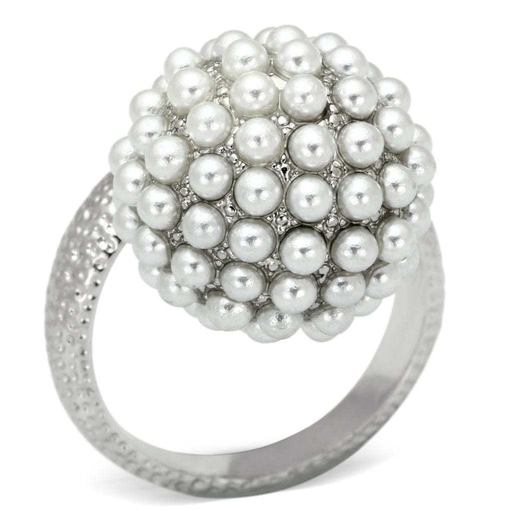 LOA831 - Rhodium Brass Ring with Synthetic Pearl in White - Alamode - Flyclothing LLC