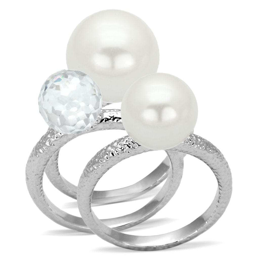 LOA834 - Rhodium Brass Ring with Synthetic Pearl in White - Alamode - Flyclothing LLC