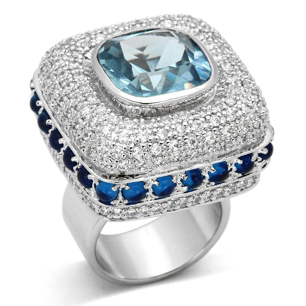 LOA861 - Rhodium Brass Ring with Synthetic Spinel in London Blue - Alamode - Flyclothing LLC