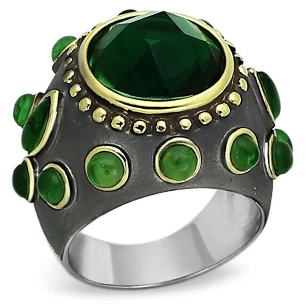 LOA881 - Reverse Two-Tone Brass Ring with Synthetic Synthetic Glass in Emerald - Alamode - Flyclothing LLC